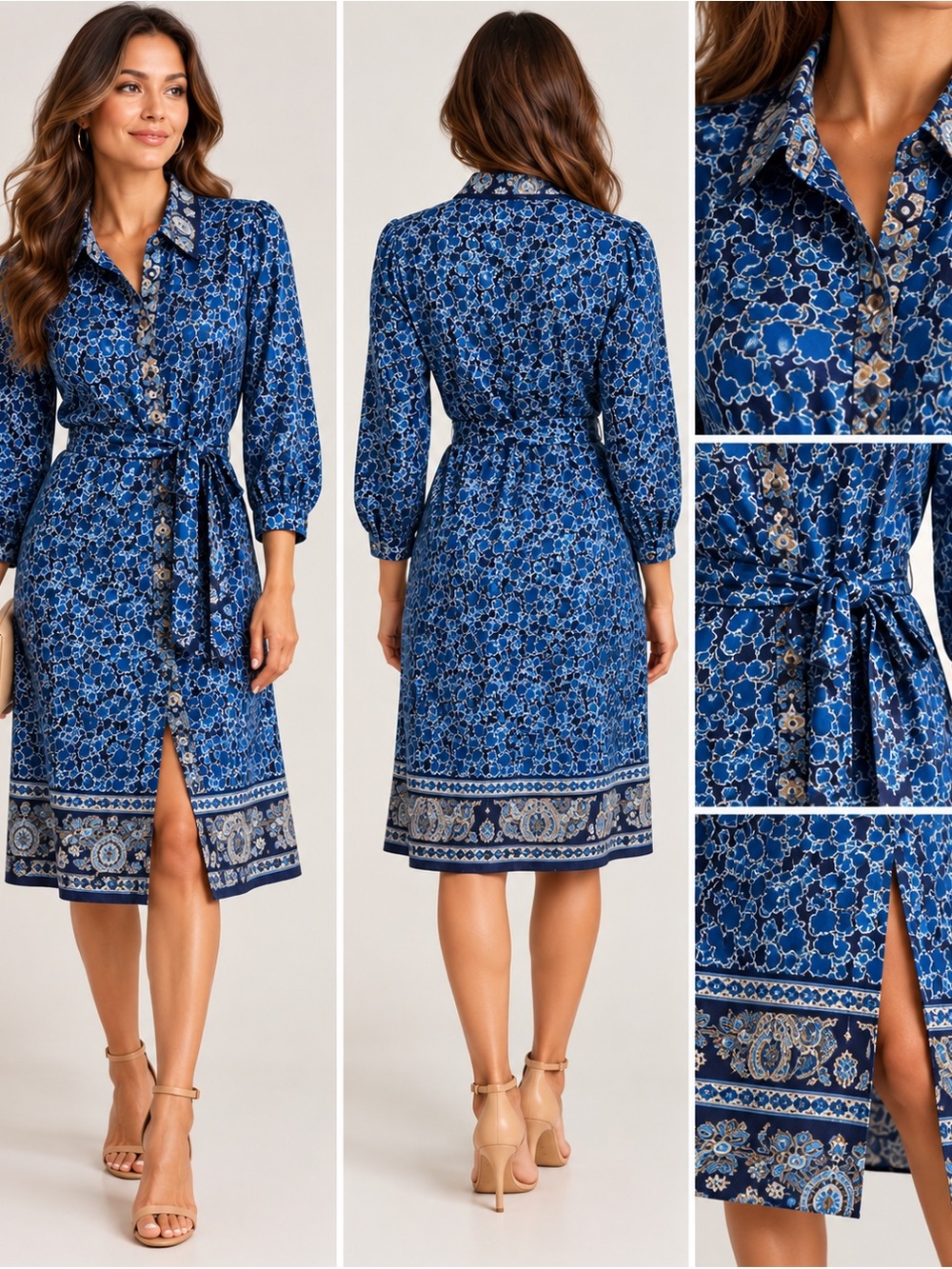 Nicole by Nicole Miller Blue Printed Tie-Waist Shirt Dress